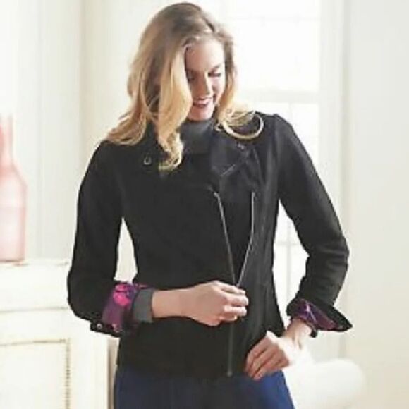 Isaac Mizrahi Black Leather Diagonal Zip Fitted Moto Grunge Jacket Size 4 - Picture 13 of 16